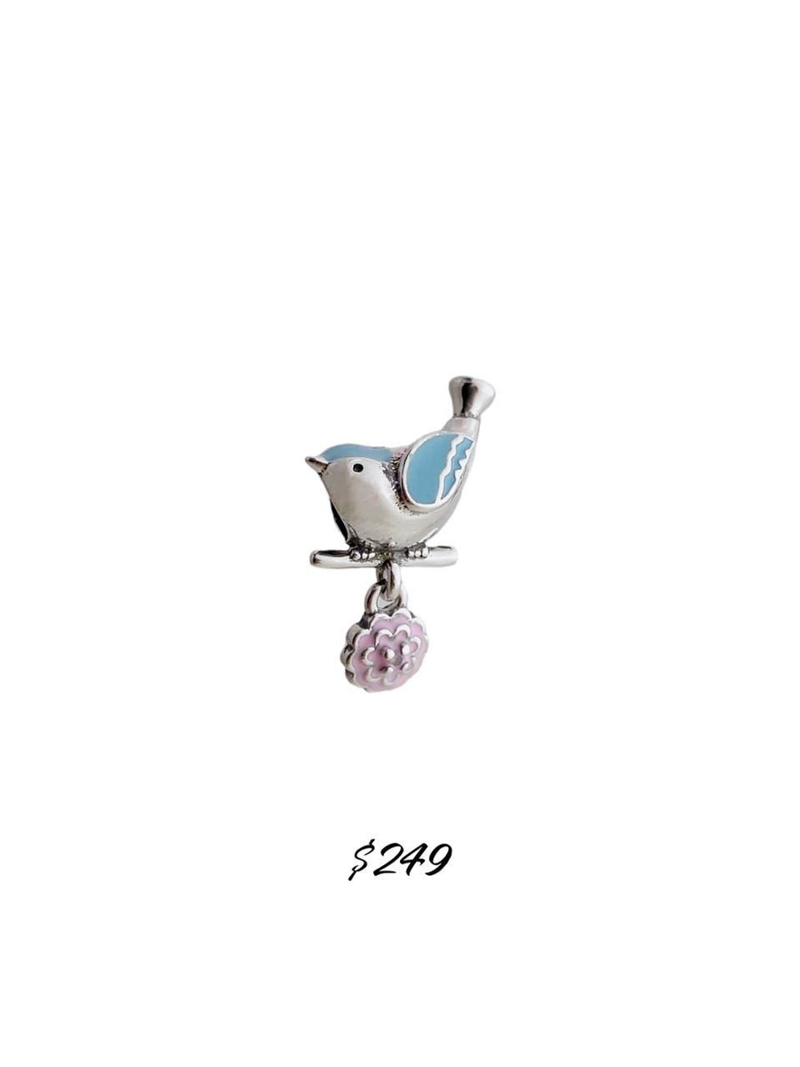 Charm Pajarito Azul y Flor Rosa